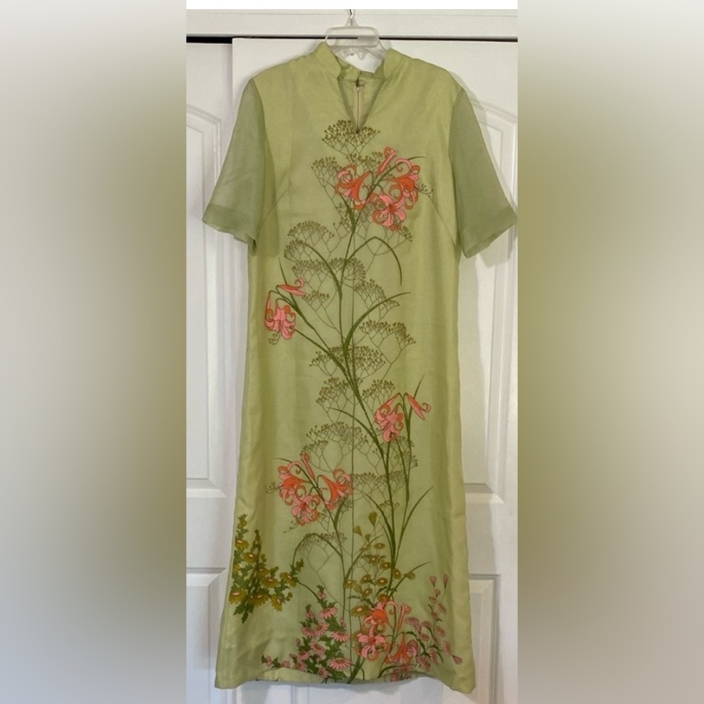 Light Green Floral Maxi Dress with Pink Bloom Details
